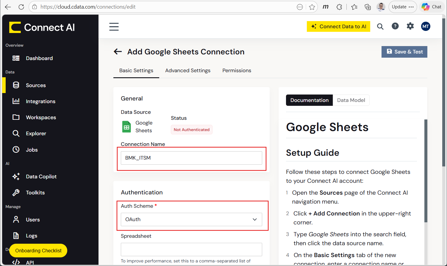Add Google Sheets Connection page in Connect AI Add Google Sheets Connection page in Connect AI