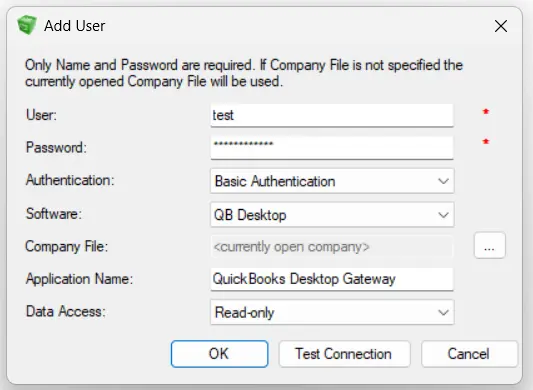 The Add User dialog in the QuickBooks Desktop Gateway showing the test user configured with Read-only data access