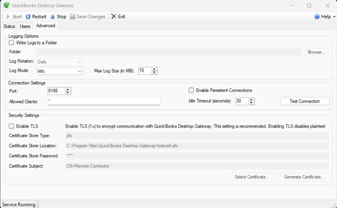 The QuickBooks Desktop Gateway Advanced tab confirming the service is running on port 8166