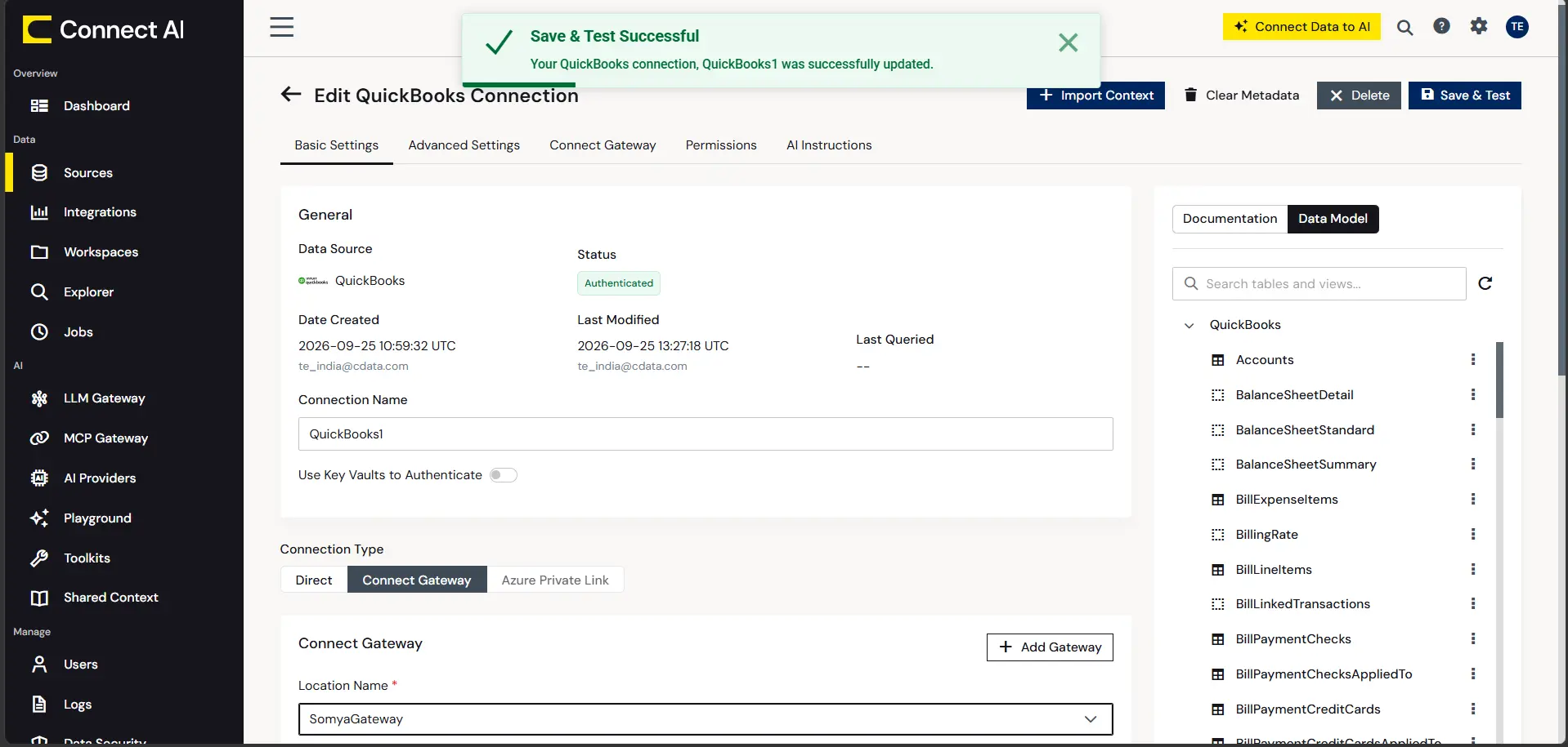 The Save and Test Successful banner confirming the QuickBooks connection via Private Cloud Connector is authenticated