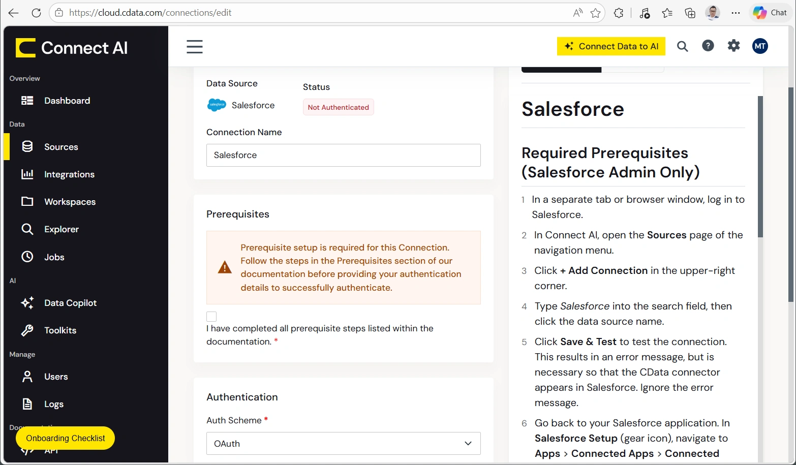 Configuring a connection (Salesforce is shown)
