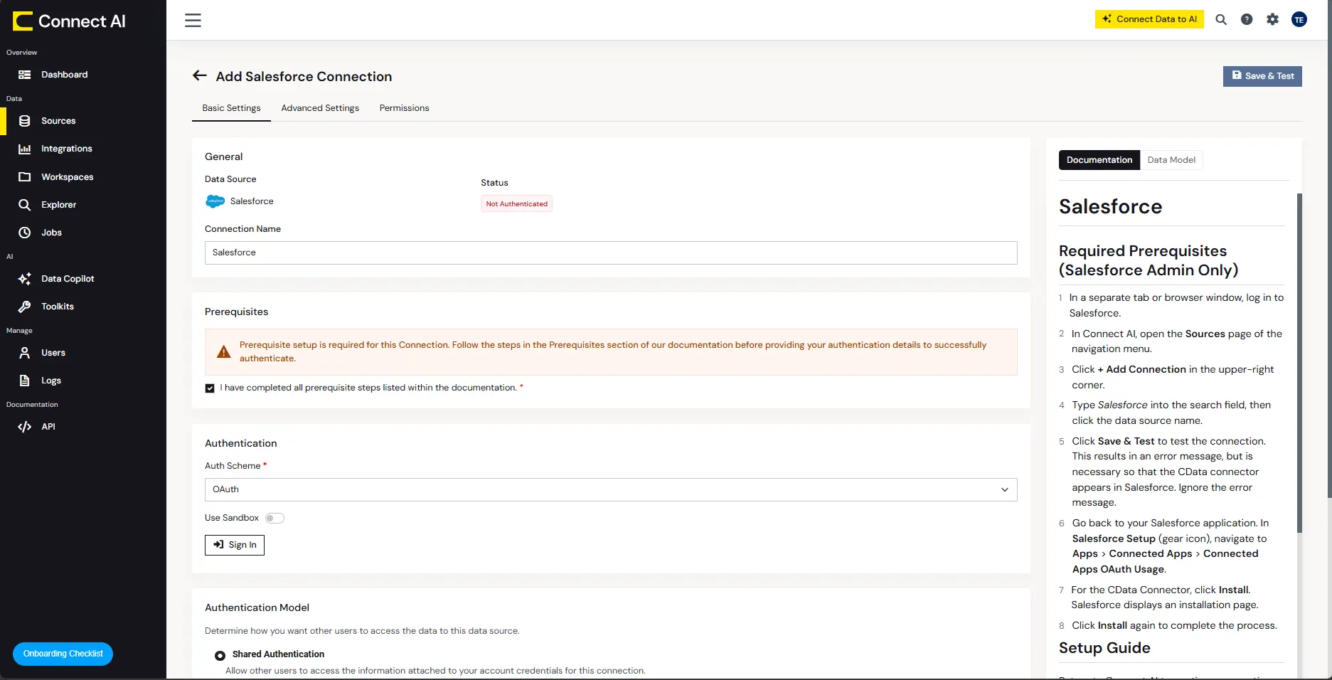 Configuring a connection (Salesforce is shown)