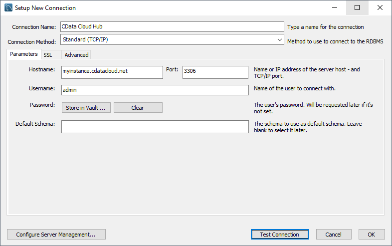 Connecting to the CData Connect from MySQL Workbench.