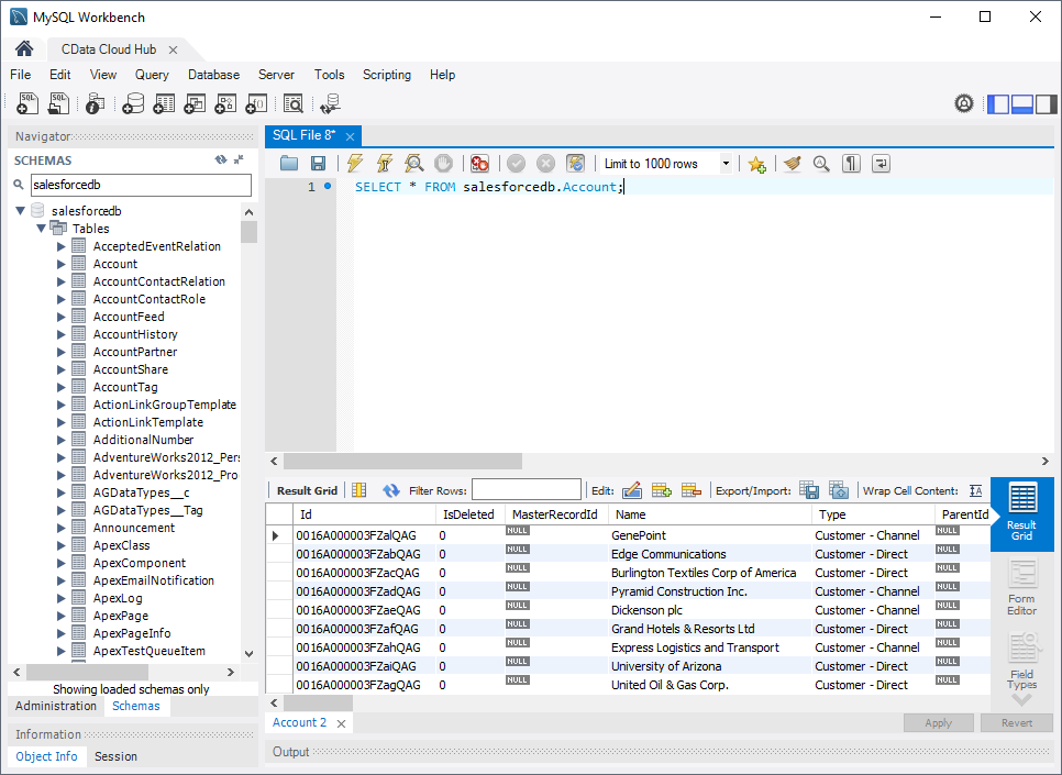 Viewing live data in MySQL Workbench (SQL Server is shown).