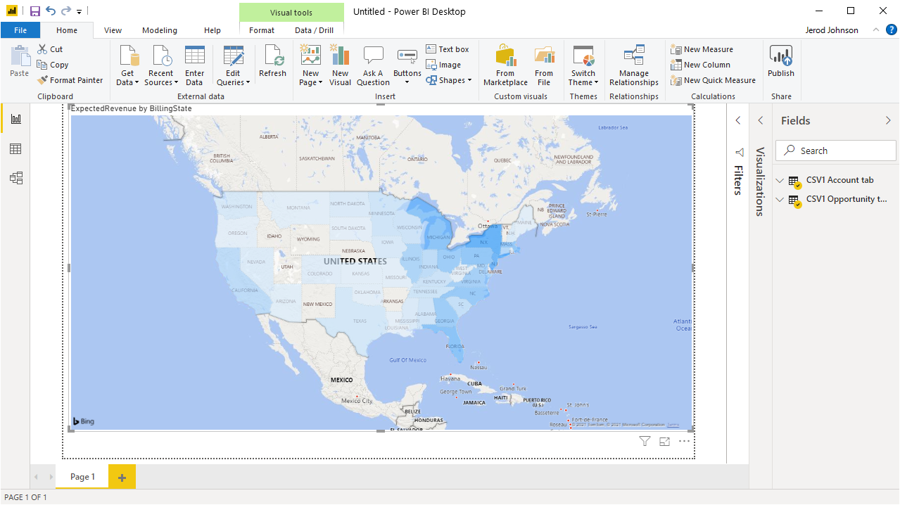 Visualizing data in Power BI (CSV document data is shown)