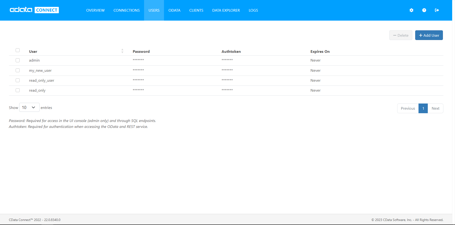 Connect Server users and other data such as max. requests on the Users tab.