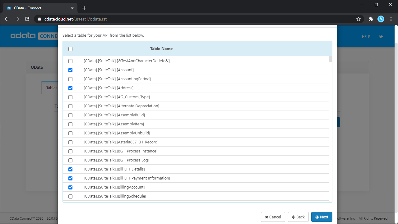 Selecting a Table (NetSuite is shown)
