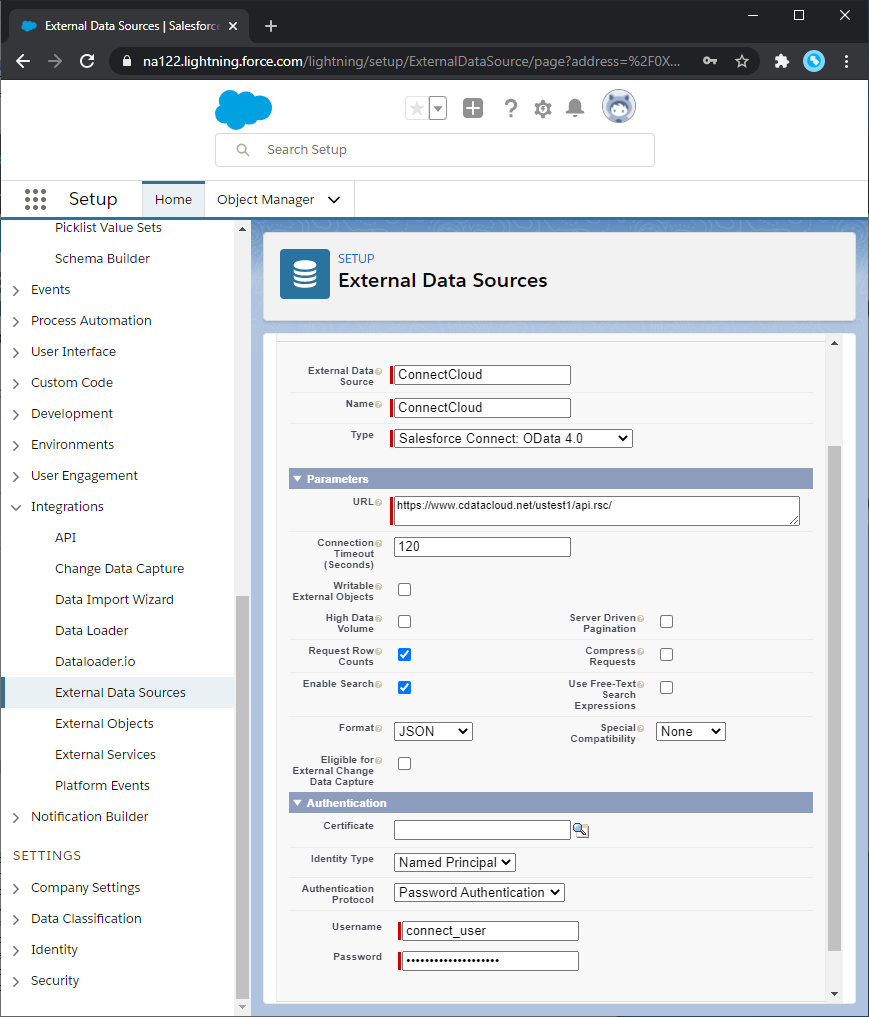 Configuration settings for the data source (NetSuite is shown)