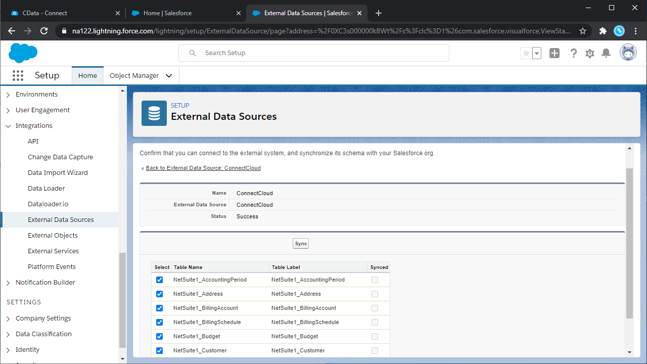 Select external objects (NetSuite is shown)