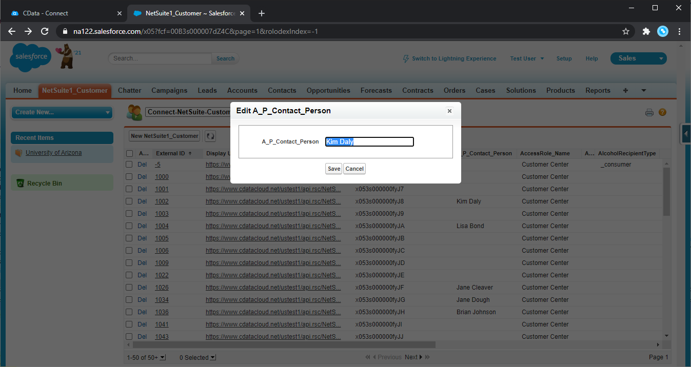 Editing external objects from Salesforce (NetSuite is shown)