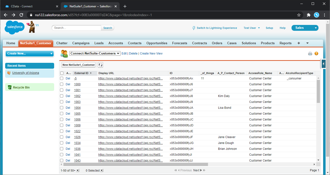 Viewing external objects from Salesforce (NetSuite is shown)
