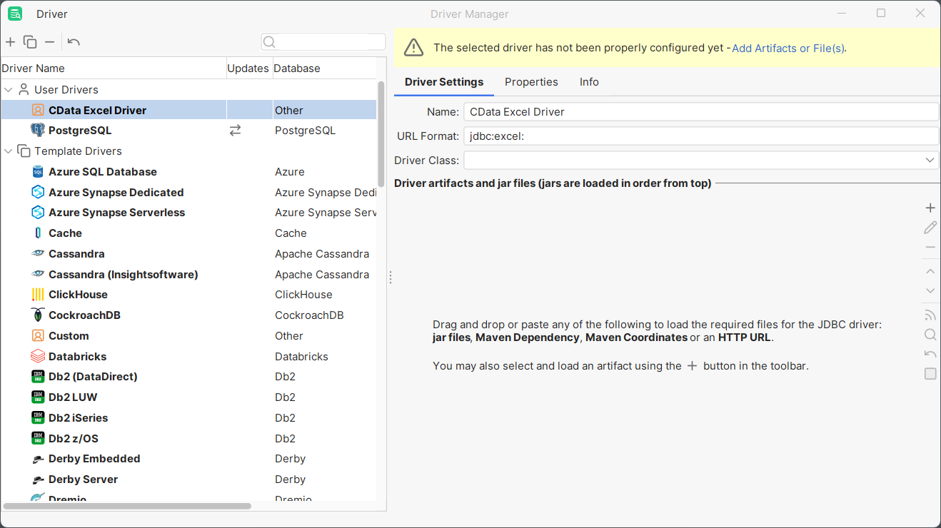 DbVisualizer Driver Manager Screen with CData JDBC Excel Driver Details
