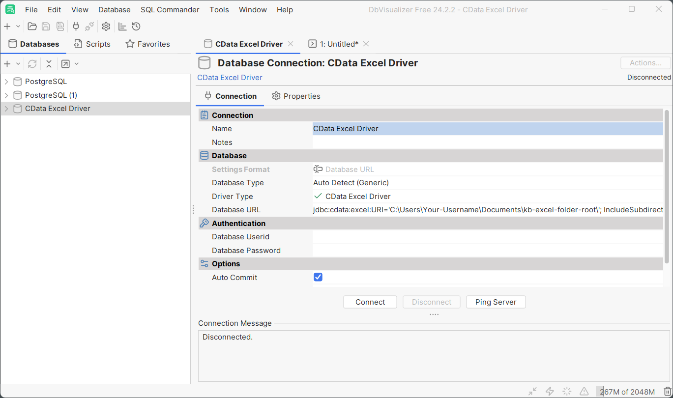 Connection Properties in CData JDBC Excel Driver in DBVisualizer Connection Properties for CData JDBC Excel Driver in DBVisualizer