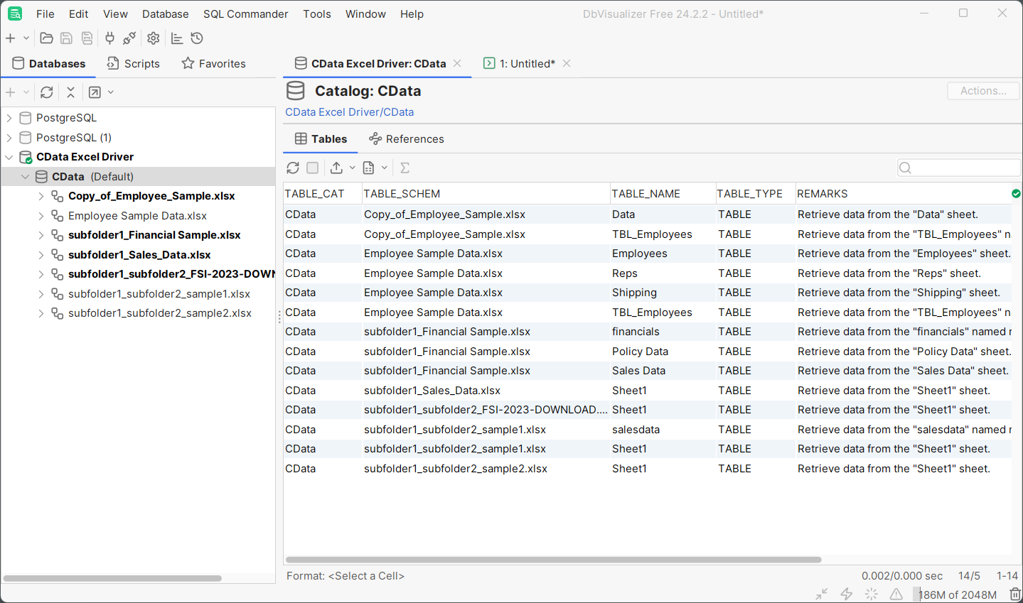 Connection Settings in DBVisualizer Connection Settings for CData JDBC Excel Driver in DBVisualizer
