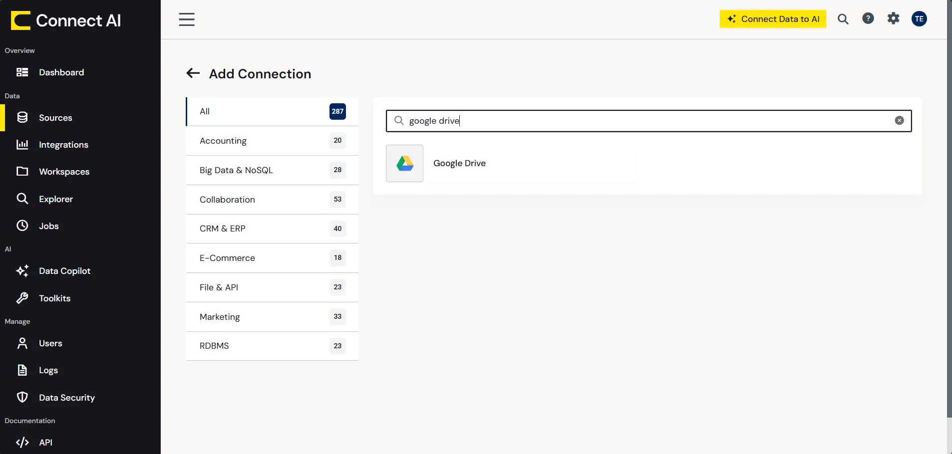 CData Connect AI Add Connection screen showing Google Drive search and selection