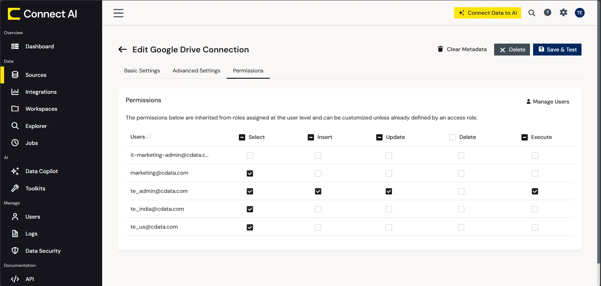 Connect AI Permissions panel with Execute access enabled