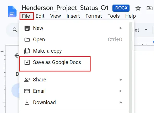 Google Drive File menu showing the Save as Google Docs option