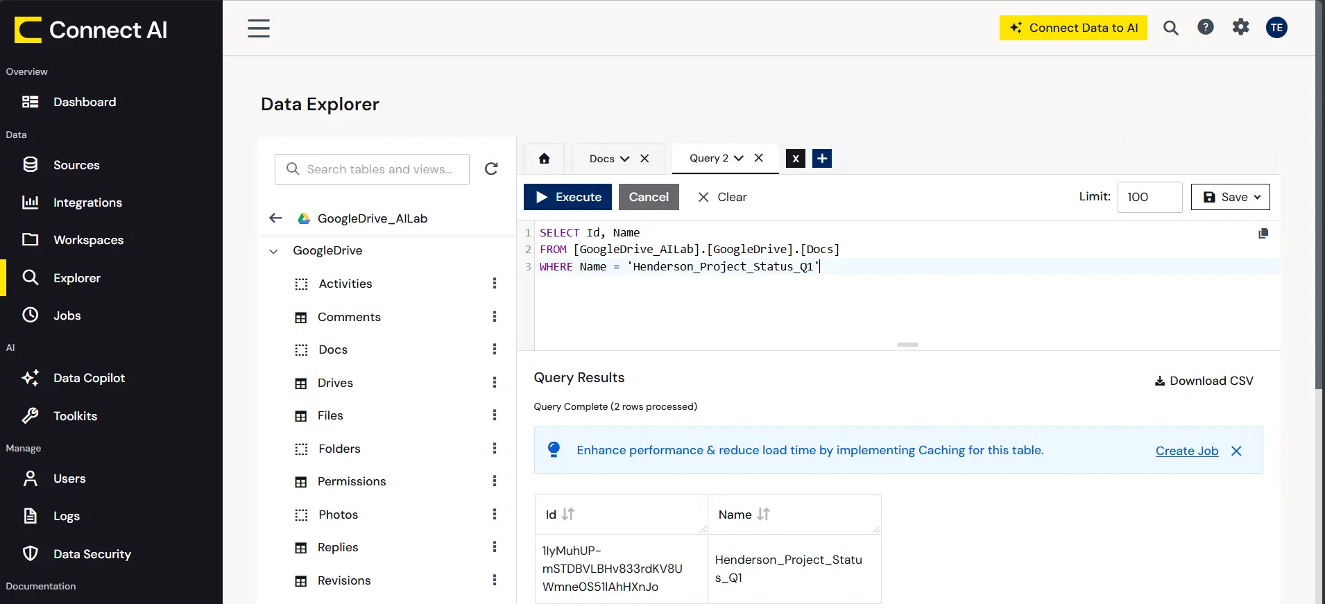 Connect AI query editor showing SELECT Id Name result from the Docs table