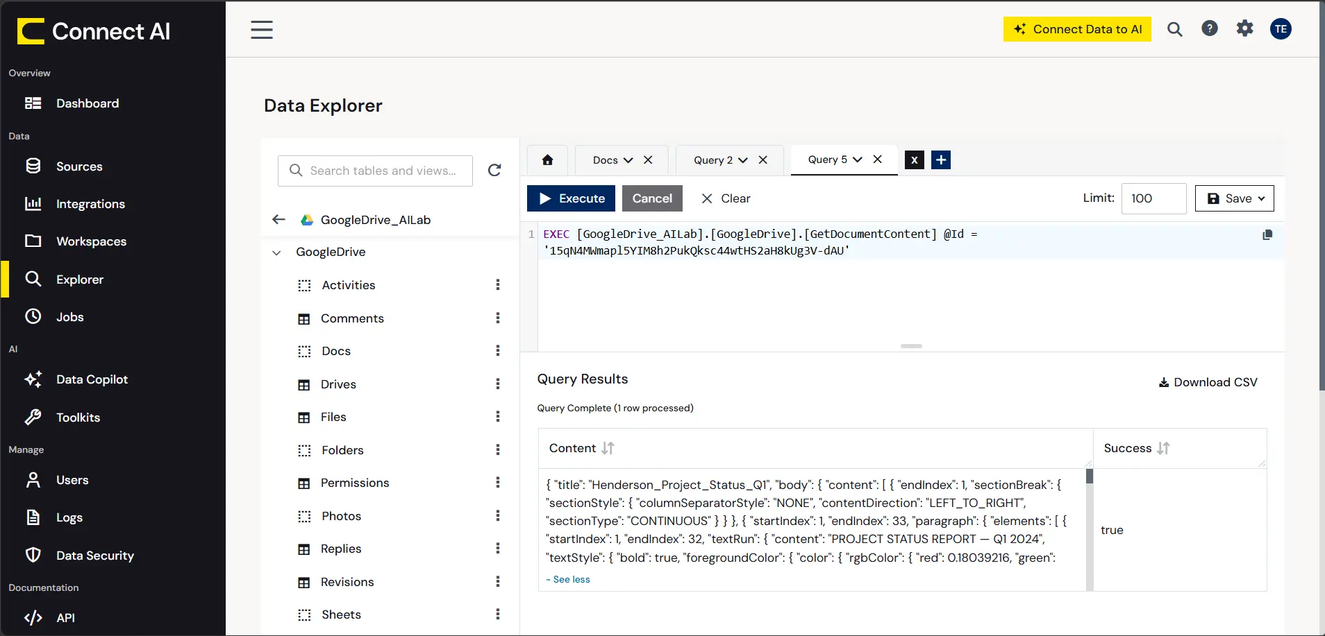 Connect AI query editor showing GetDocumentContent result with a non-null Content field
