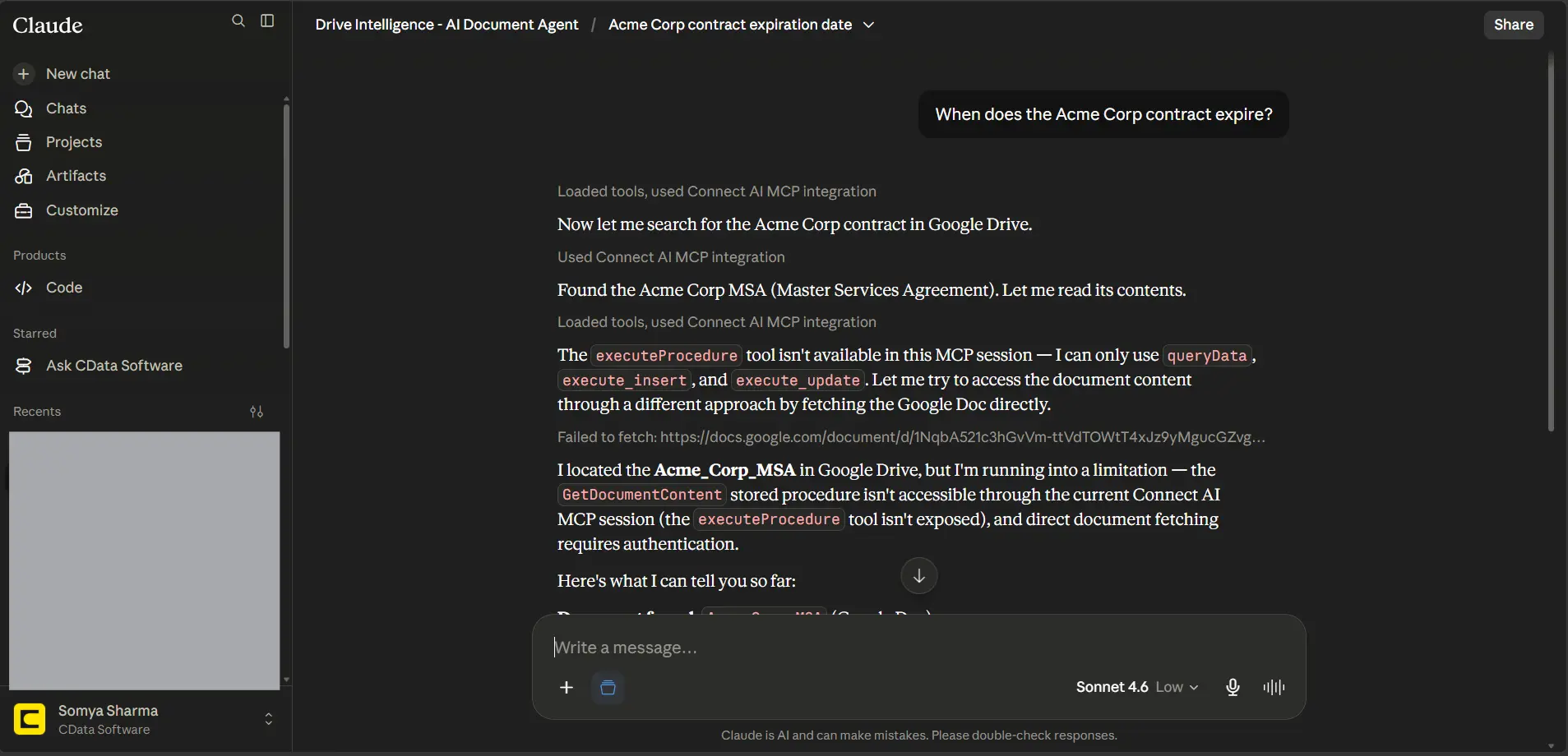 Claude project showing the agent calling the Connect AI MCP tool and returning document content