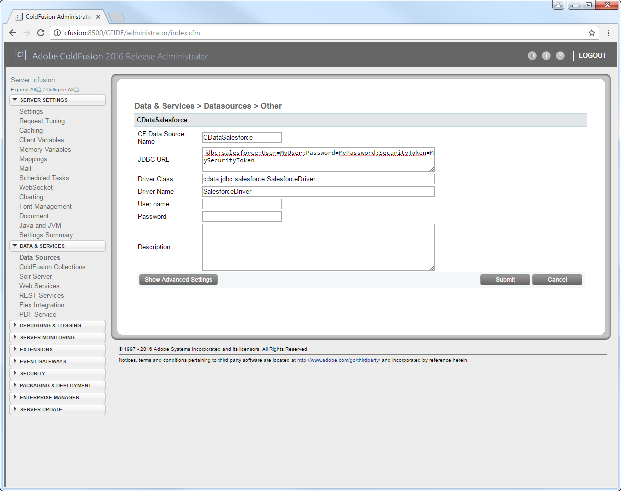 Required connection properties specified in the JDBC URL. (Salesforce is shown.)