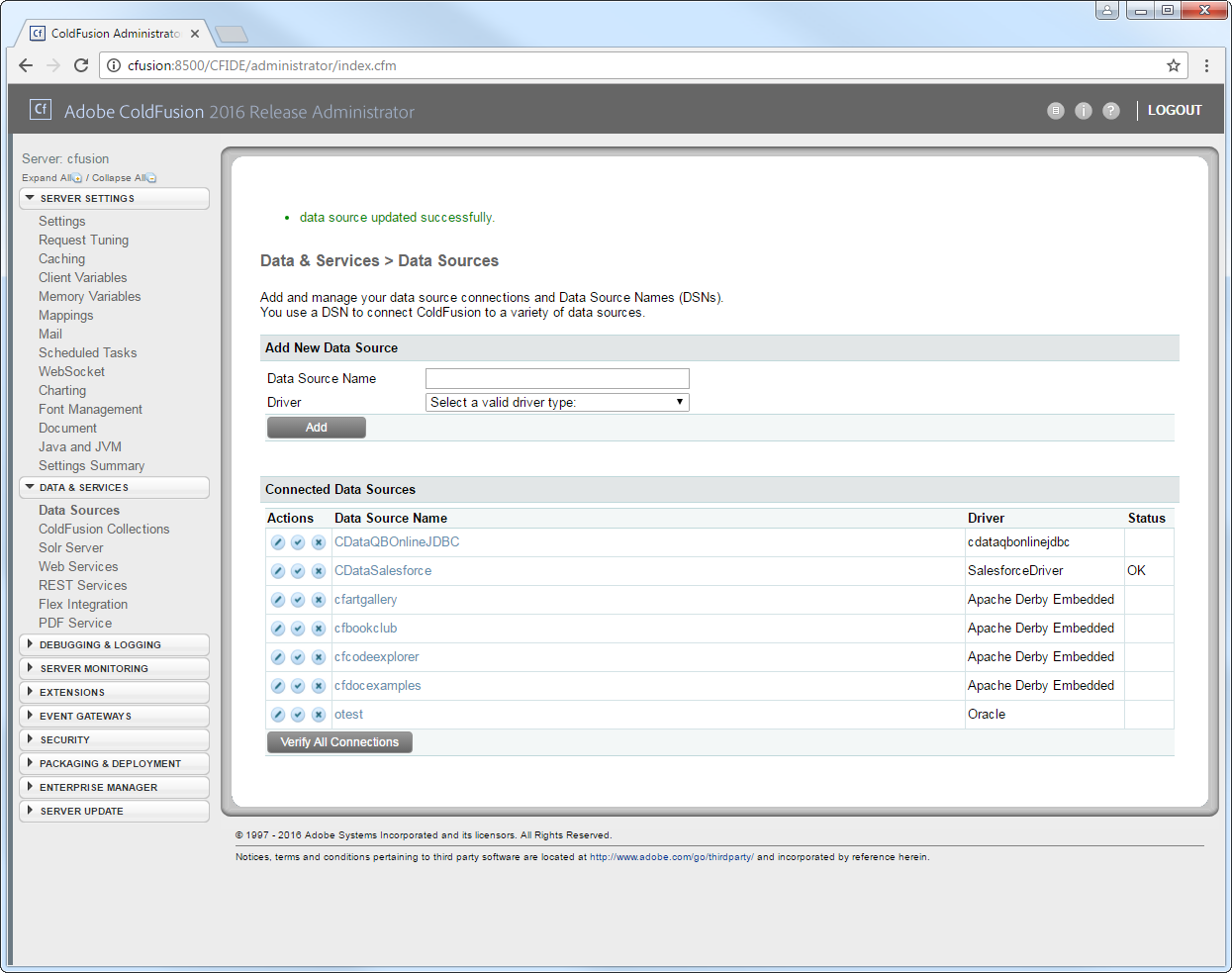 Test the connection in the Actions column. (Salesforce is shown.)