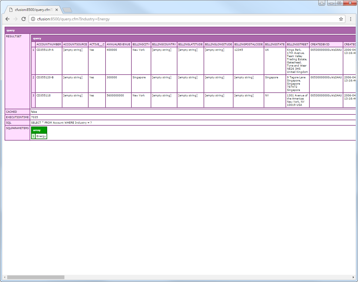 Query results in an HTML table. (Salesforce is shown.)