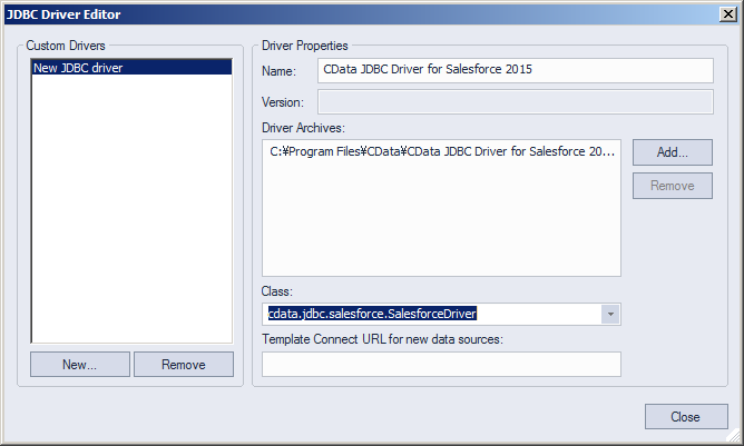 The JDBC driver definition in the Register Datasource wizard.(Salesforce is shown.)