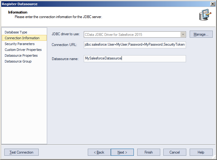Required JDBC connection properties in the Register Datasource wizard.(Salesforce is shown.)