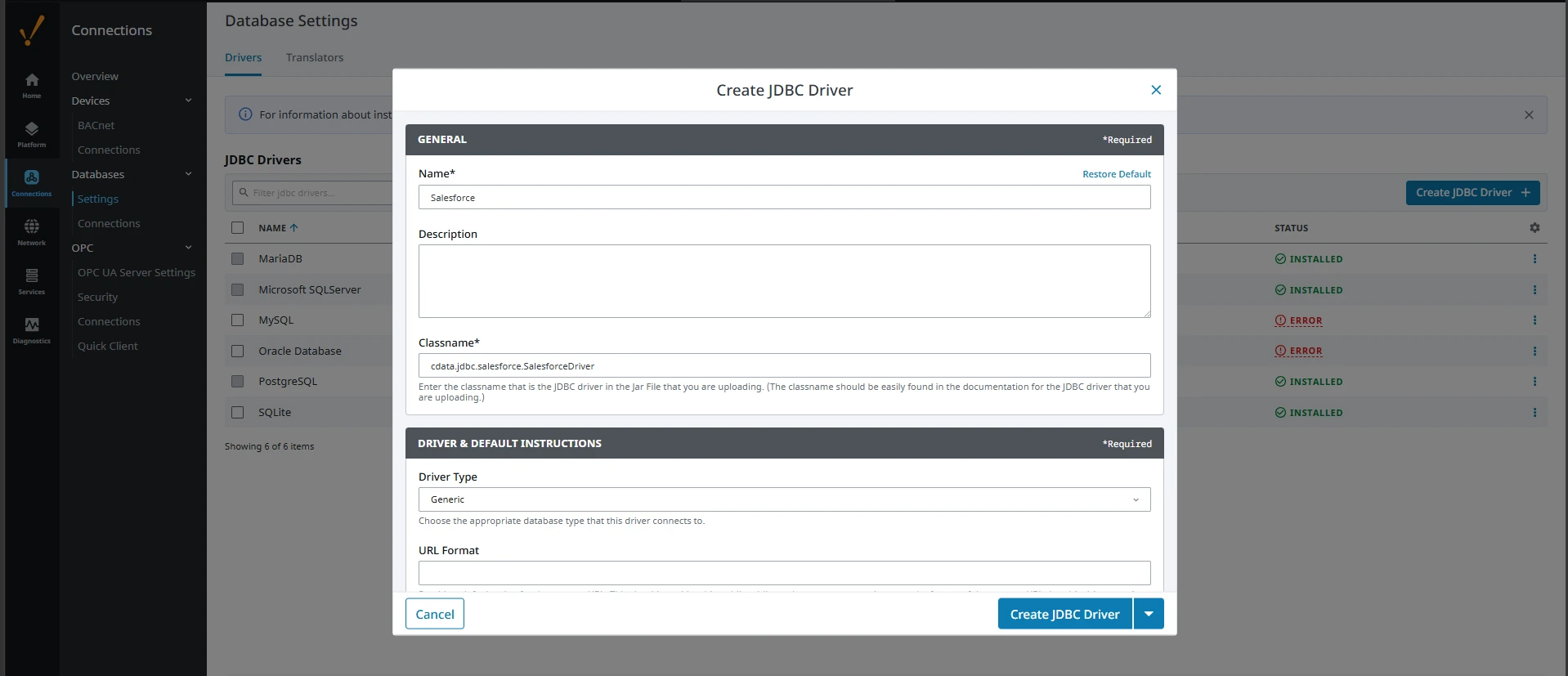Creating the JDBC driver (Salesforce is shown)