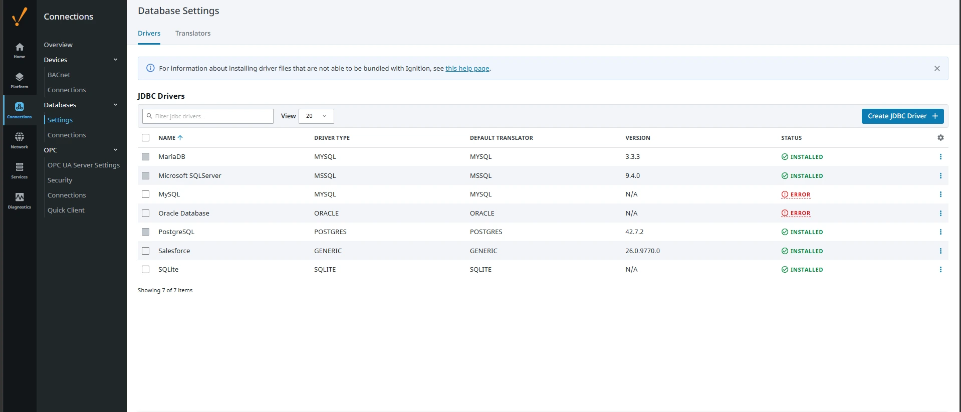 Driver showing INSTALLED status (Salesforce is shown)