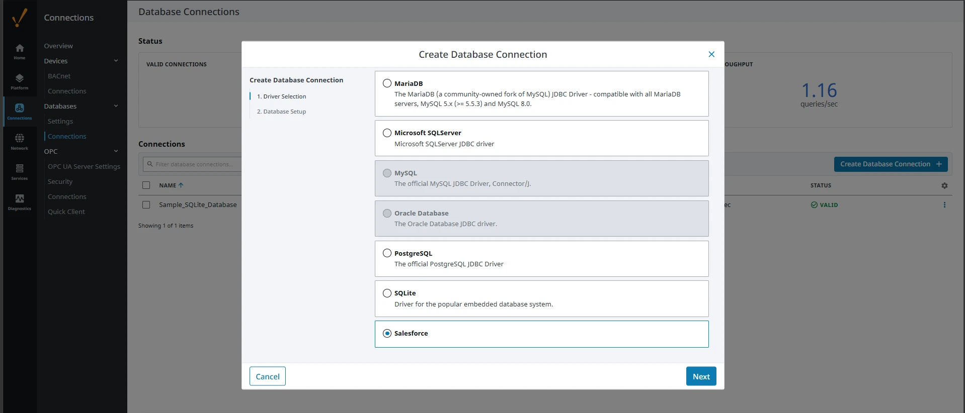 Selecting the driver (Salesforce is shown)