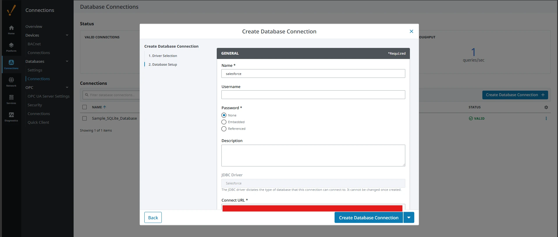 Entering the connection details (Salesforce is shown)