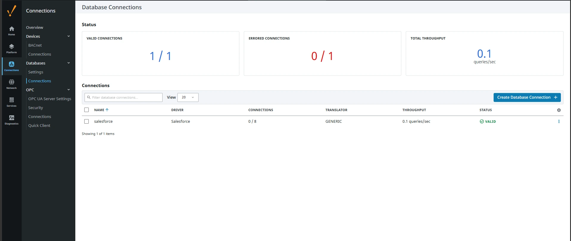 Connection showing VALID status (Salesforce is shown)