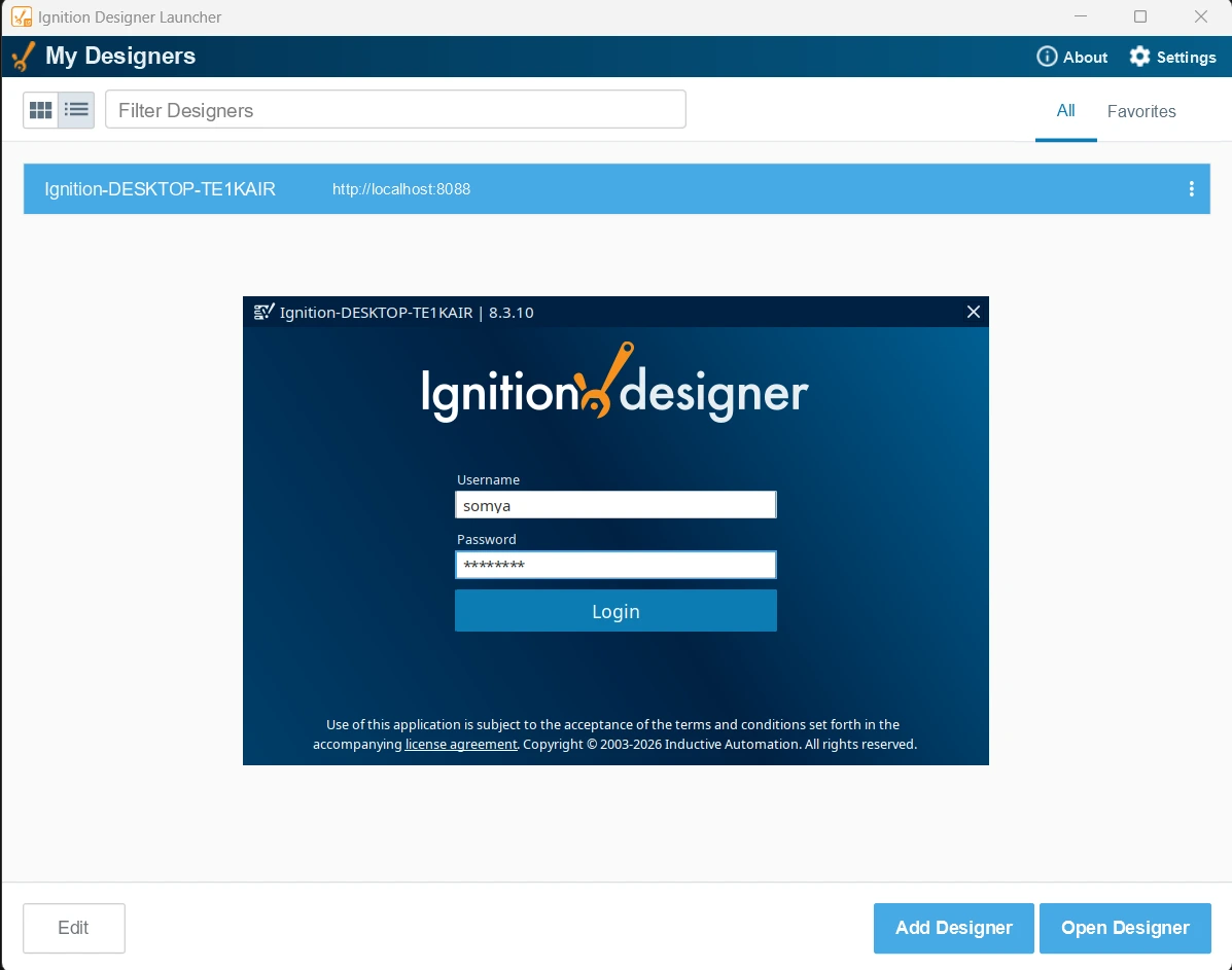 Logging in to the Designer from the Designer Launcher