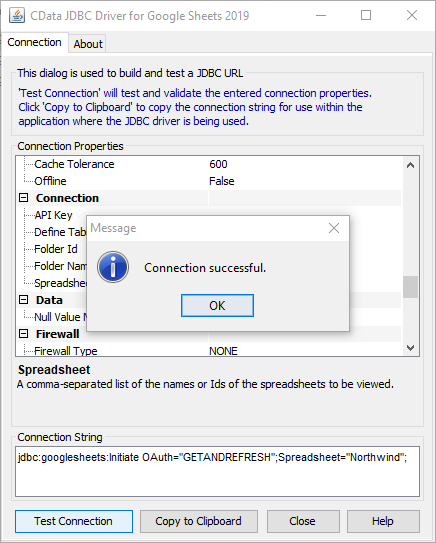 Using the built-in connection string designer to generate a JDBC URL (Google Sheets is shown.)
