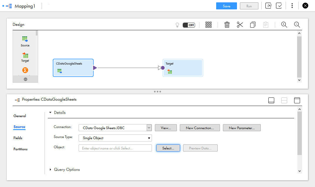 Selecting the Source Connection and Source Type