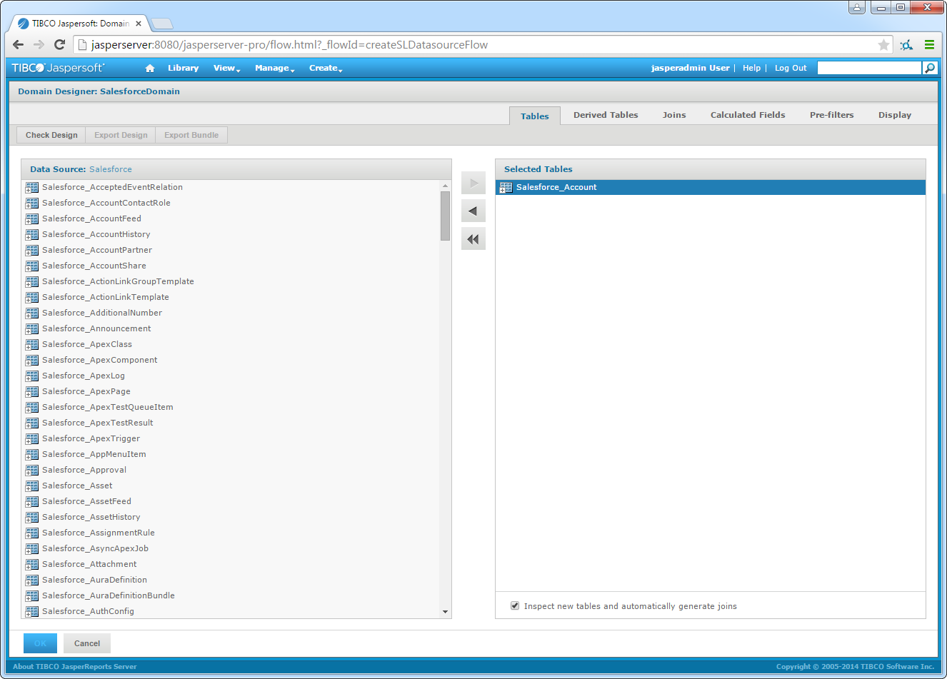 Tables to add on the Tables tab in the Domain Designer. (Salesforce is shown.)
