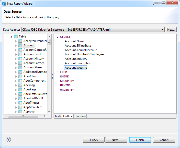 The SQL query to be used to pull data into the report. (Salesforce is shown.)