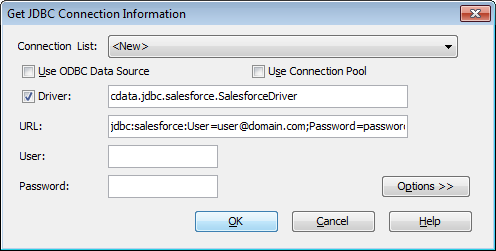 Configuring the connection to the JDBC Driver (Salesforce is shown.)