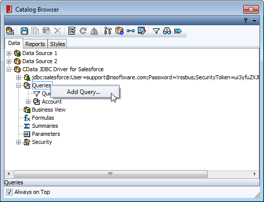 Adding a query for data to be used in the report.(Salesforce is shown.)