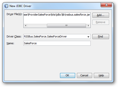 The JDBC driver definition. (Salesforce is shown.)