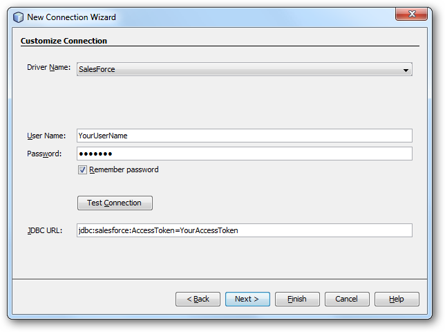 Required connection properties defined in the JDBC URL. (Salesforce is shown.)