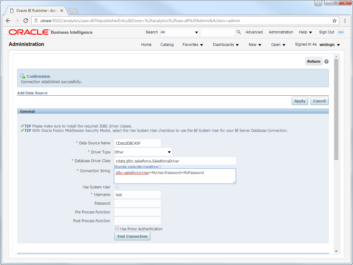 The required settings for a JDBC data source.(Salesforce is shown.)