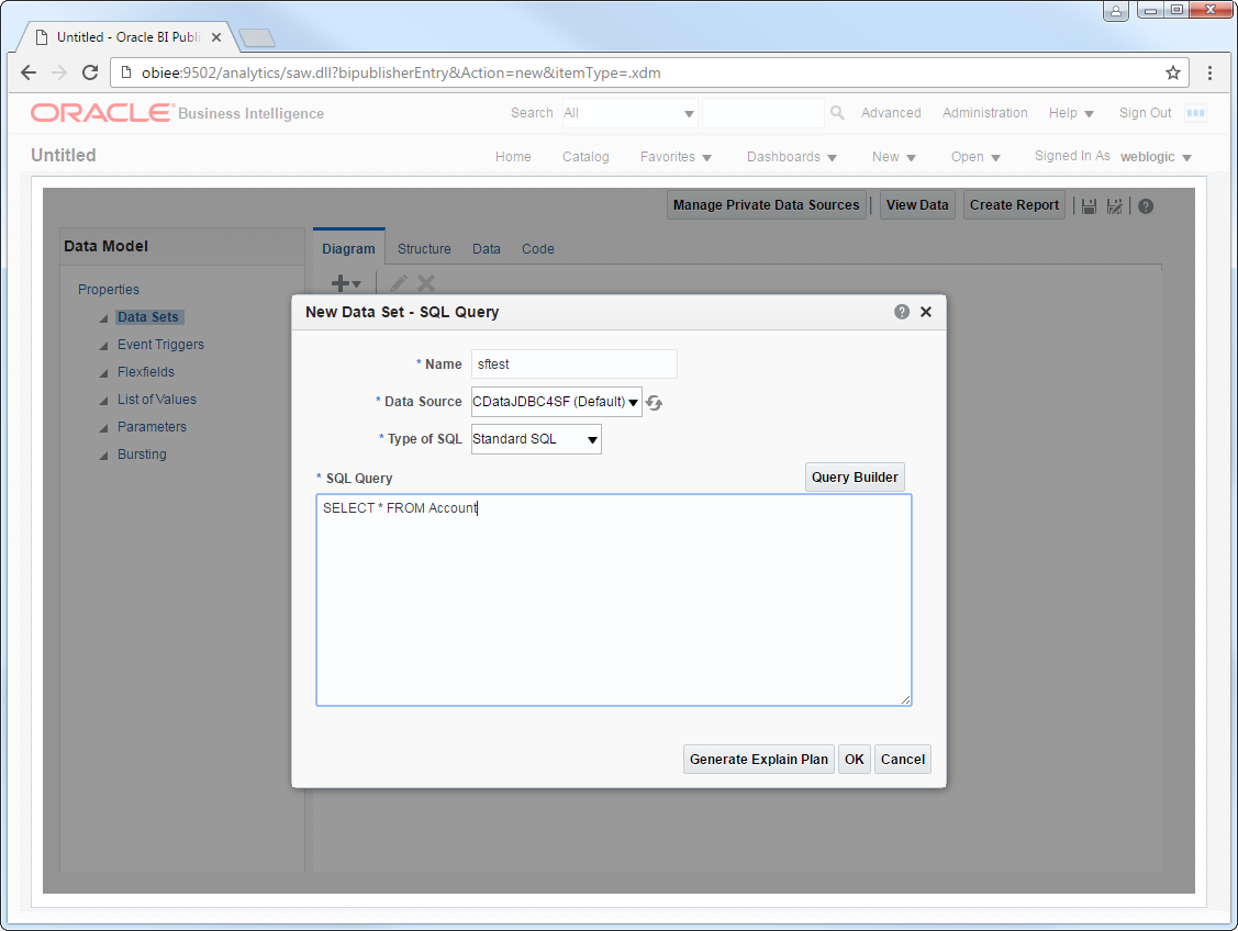 The SQL query to be used to create the data set for the report's data model.(Salesforce is shown.)