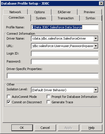 The JDBC data source defined in the Database Profile Setup dialog. (Salesforce is shown.)