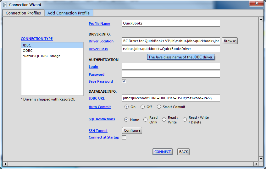 The JDBC data source, defined by the JAR path, driver class, and JDBC URL.接続文字列はJDBC URL で接続情報を指定します。(QuickBooks is shown.)