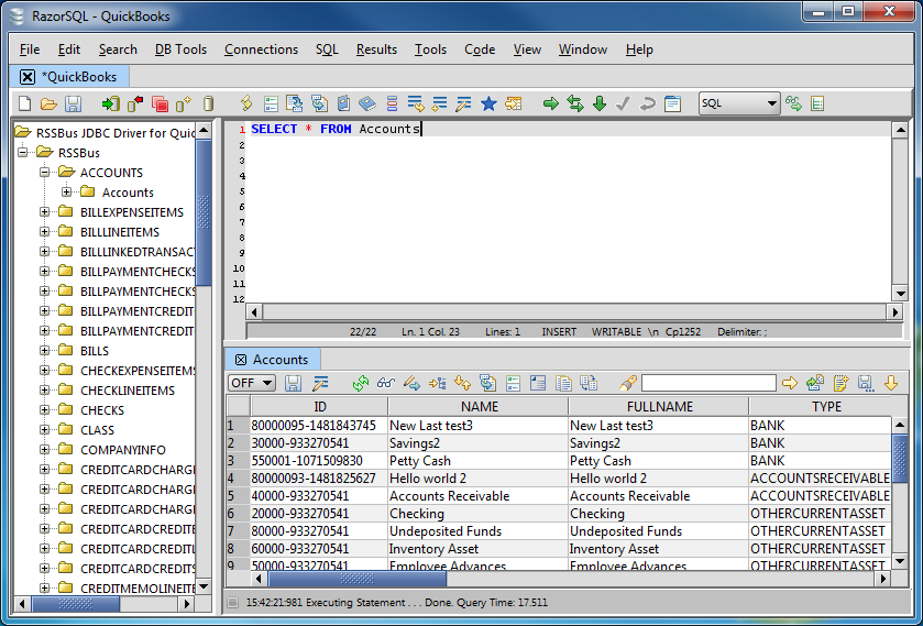 The results of a query in RazorSQL.(QuickBooks is shown.)