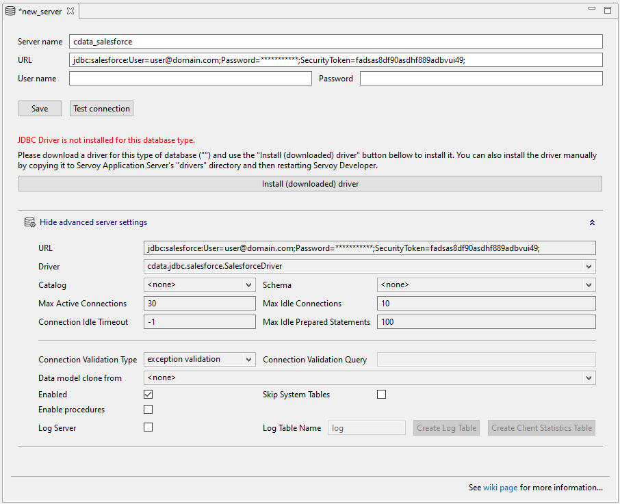 Connecting to data through the JDBC Driver (Salesforce is shown).