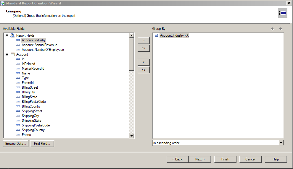 Act CRM のデータ accessible as tables and columns in the Report Wizard. (Salesforce is shown.)
